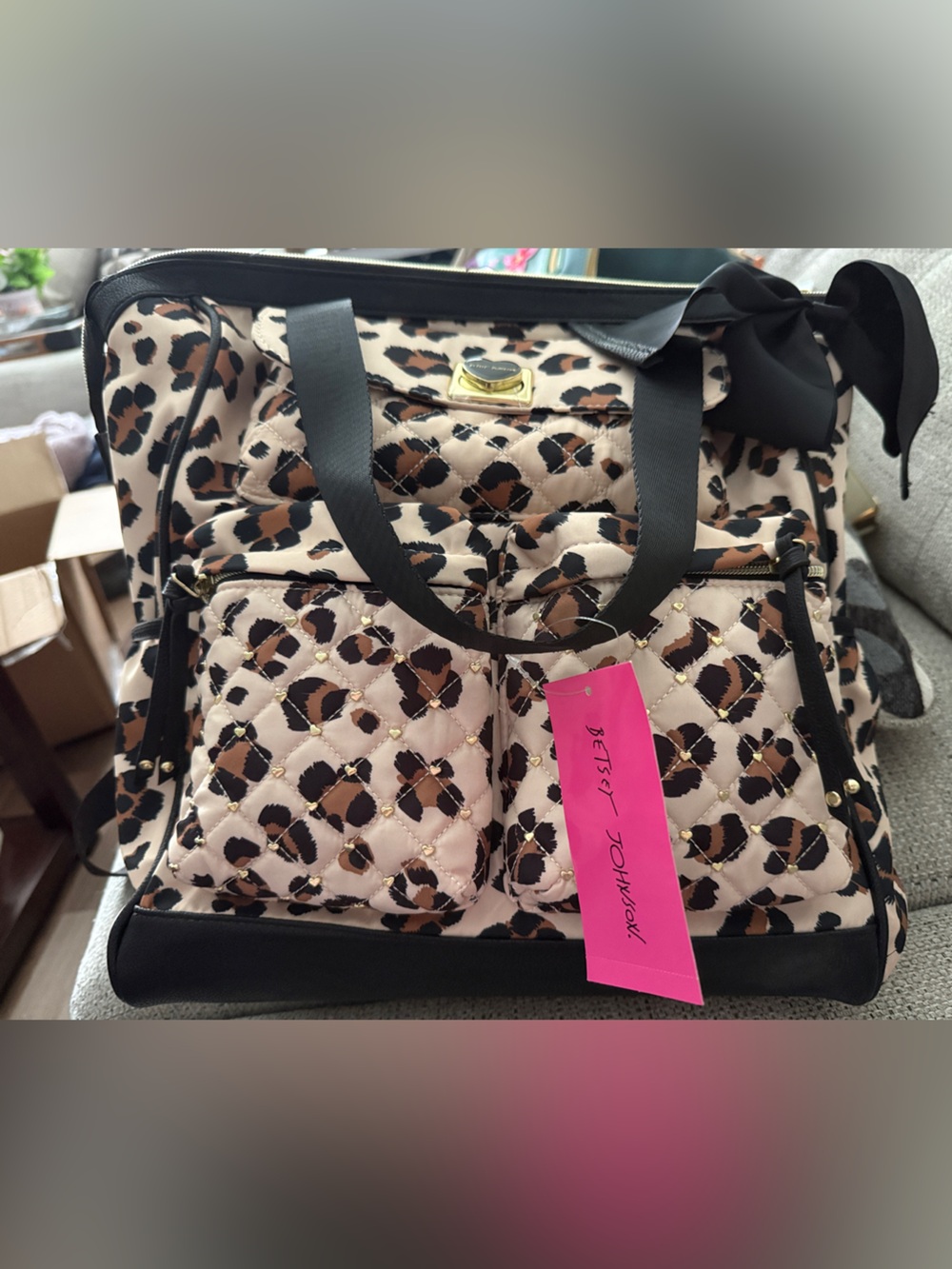 Betsey Johnson Leopard Quilted Tote in Beige and Black with Gold Accents